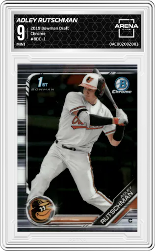 Adley Rutschman from the 2019 Bowman Draft set graded by Arena Club and given an overall grade of 9.