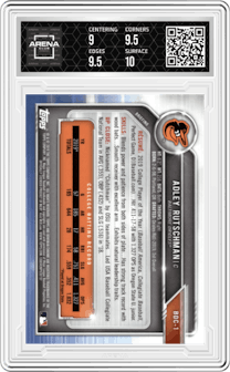 Adley Rutschman from the 2019 Bowman Draft set graded by Arena Club and given an overall grade of 9.5.