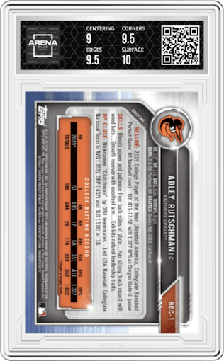 Adley Rutschman from the 2019 Bowman Draft set graded by Arena Club and given an overall grade of 9.5.