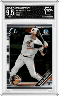 Adley Rutschman from the 2019 Bowman Draft set graded by Arena Club and given an overall grade of 9.5.