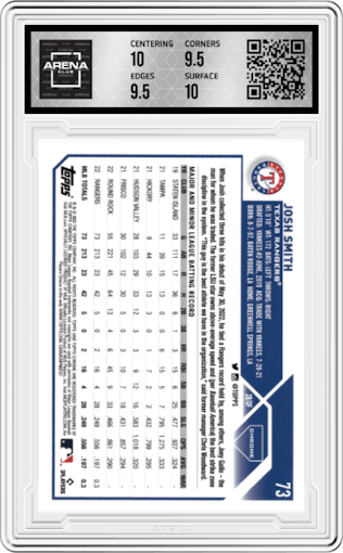 Josh Smith from the 2023 Topps Chrome set featuring a Orange Refractor parallel graded by Arena Club and given an overall grade of 10.