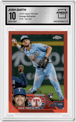 Josh Smith from the 2023 Topps Chrome set featuring a Orange Refractor parallel graded by Arena Club and given an overall grade of 10.
