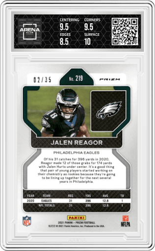 Jalen Reagor from the 2021 Panini Prizm set featuring a No Huddle Purple parallel graded by Arena Club and given an overall grade of 9.