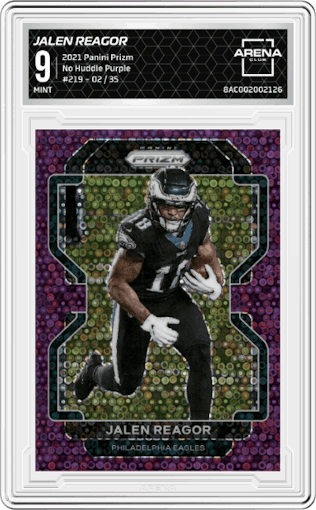 Jalen Reagor from the 2021 Panini Prizm set featuring a No Huddle Purple parallel graded by Arena Club and given an overall grade of 9.