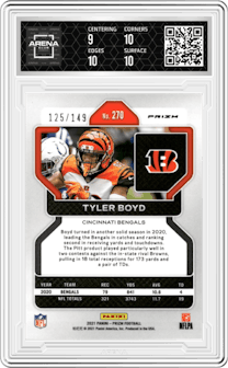 Tyler Boyd from the 2021 Panini Prizm set featuring a Red Wave parallel graded by Arena Club and given an overall grade of 9.5.