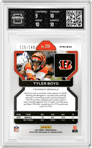 Tyler Boyd from the 2021 Panini Prizm set featuring a Red Wave parallel graded by Arena Club and given an overall grade of 9.5.