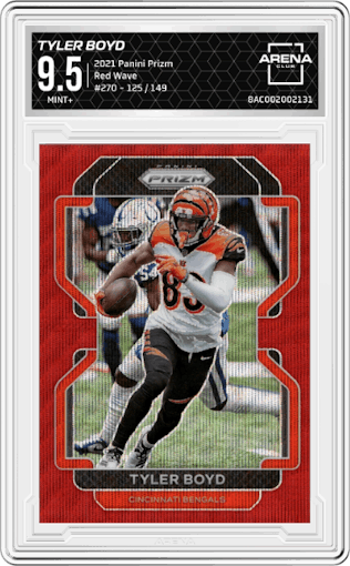 Tyler Boyd from the 2021 Panini Prizm set featuring a Red Wave parallel graded by Arena Club and given an overall grade of 9.5.
