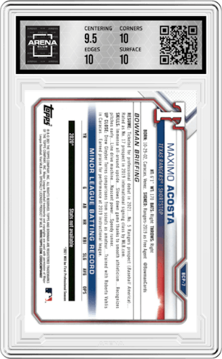 Maximo Acosta from the 2021 Bowman Mega Box set featuring a Yellow Refractor  parallel graded by Arena Club and given an overall grade of 10.