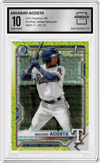 Maximo Acosta from the 2021 Bowman Mega Box set featuring a Yellow Refractor  parallel graded by Arena Club and given an overall grade of 10.