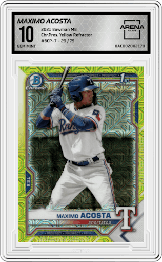 Maximo Acosta from the 2021 Bowman Mega Box set featuring a Yellow Refractor  parallel graded by Arena Club and given an overall grade of 10.