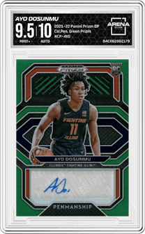 Ayo Dosunmu from the 2021-22 Panini Prizm Draft Picks set featuring a Green Prizm  parallel graded by Arena Club and given an overall grade of 9.5.