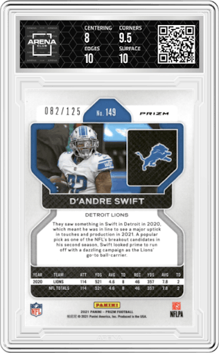 D'Andre Swift from the 2021 Panini Prizm set featuring a Purple Prizm parallel graded by Arena Club and given an overall grade of 8.5.