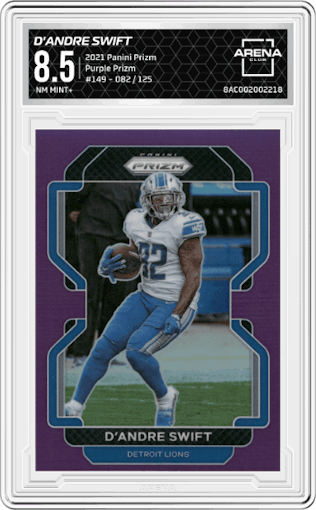 D'Andre Swift from the 2021 Panini Prizm set featuring a Purple Prizm parallel graded by Arena Club and given an overall grade of 8.5.