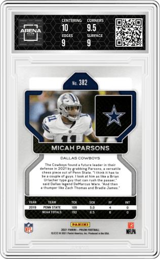 Micah Parsons from the 2021 Panini Prizm set graded by Arena Club and given an overall grade of 9.5.