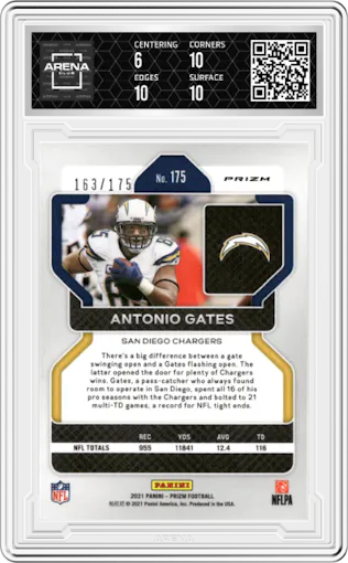Antonio Gates from the 2021 Panini Prizm set featuring a Hyper parallel graded by Arena Club and given an overall grade of 6.5.