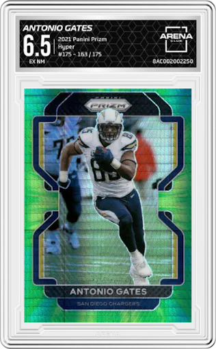 Antonio Gates from the 2021 Panini Prizm set featuring a Hyper parallel graded by Arena Club and given an overall grade of 6.5.