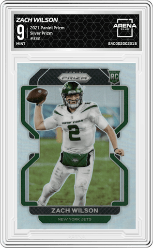 Zach Wilson from the 2021 Panini Prizm set featuring a Silver Prizm parallel graded by Arena Club and given an overall grade of 9.