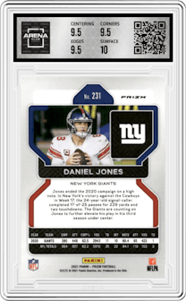 Daniel Jones from the 2021 Panini Prizm set featuring a Red Ice parallel graded by Arena Club and given an overall grade of 10.