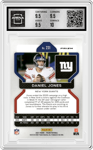 Daniel Jones from the 2021 Panini Prizm set featuring a Red Ice parallel graded by Arena Club and given an overall grade of 10.