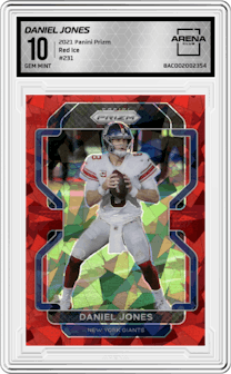 Daniel Jones from the 2021 Panini Prizm set featuring a Red Ice parallel graded by Arena Club and given an overall grade of 10.