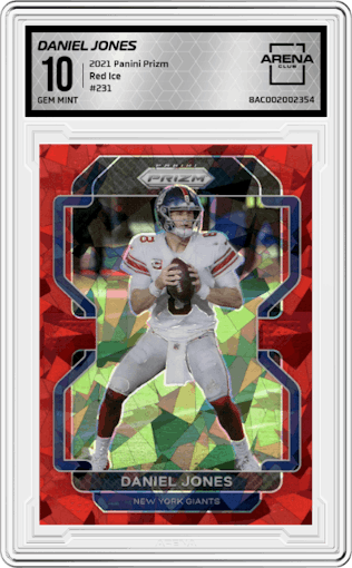 Daniel Jones from the 2021 Panini Prizm set featuring a Red Ice parallel graded by Arena Club and given an overall grade of 10.