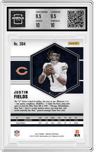 Justin Fields from the 2021 Panini Mosaic set graded by Arena Club and given an overall grade of 10.