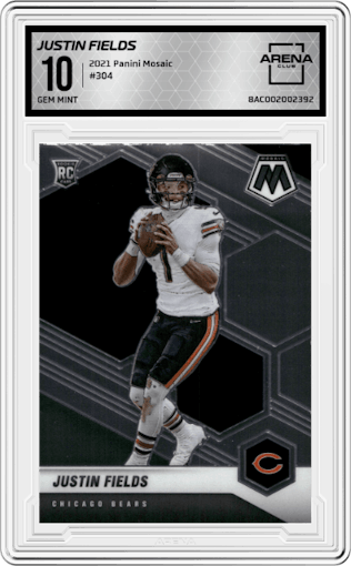 Justin Fields from the 2021 Panini Mosaic set graded by Arena Club and given an overall grade of 10.
