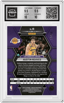 Austin Reaves from the 2022-23 Panini Mosaic set featuring a Fast Break Purple parallel graded by Arena Club and given an overall grade of 10.