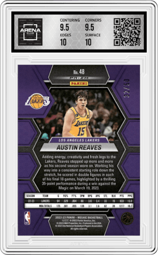 Austin Reaves from the 2022-23 Panini Mosaic set featuring a Fast Break Purple parallel graded by Arena Club and given an overall grade of 10.