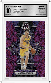 Austin Reaves from the 2022-23 Panini Mosaic set featuring a Fast Break Purple parallel graded by Arena Club and given an overall grade of 10.