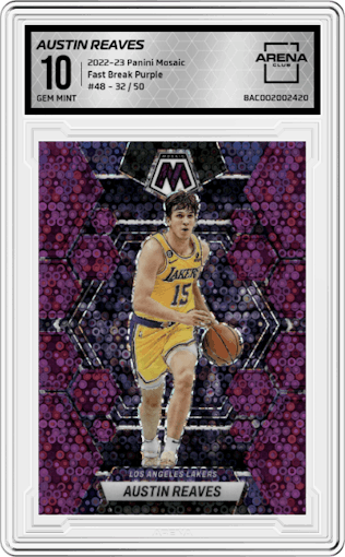 Austin Reaves from the 2022-23 Panini Mosaic set featuring a Fast Break Purple parallel graded by Arena Club and given an overall grade of 10.