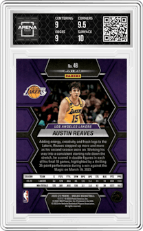 Austin Reaves from the 2022-23 Panini Mosaic set featuring a Reactive Yellow parallel graded by Arena Club and given an overall grade of 9.5.