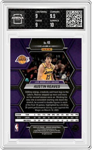 Austin Reaves from the 2022-23 Panini Mosaic set featuring a Reactive Yellow parallel graded by Arena Club and given an overall grade of 9.5.