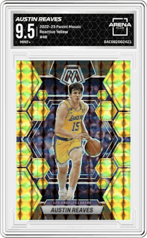 Austin Reaves from the 2022-23 Panini Mosaic set featuring a Reactive Yellow parallel graded by Arena Club and given an overall grade of 9.5.