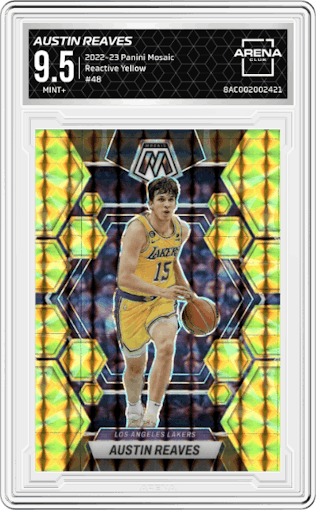 Austin Reaves from the 2022-23 Panini Mosaic set featuring a Reactive Yellow parallel graded by Arena Club and given an overall grade of 9.5.