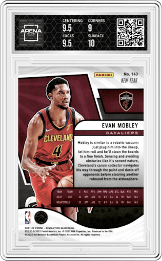 Evan Mobley from the 2021-22 Panini Revolution  set featuring a Chinese New Year parallel graded by Arena Club and given an overall grade of 9.5.