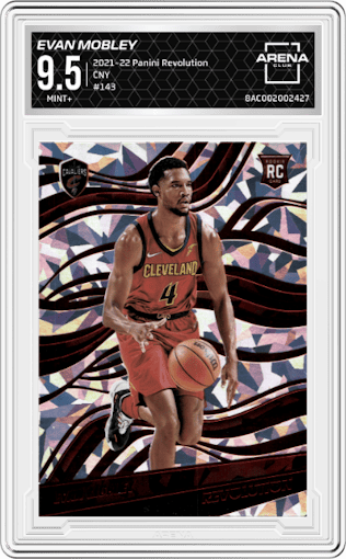 Evan Mobley from the 2021-22 Panini Revolution  set featuring a Chinese New Year parallel graded by Arena Club and given an overall grade of 9.5.