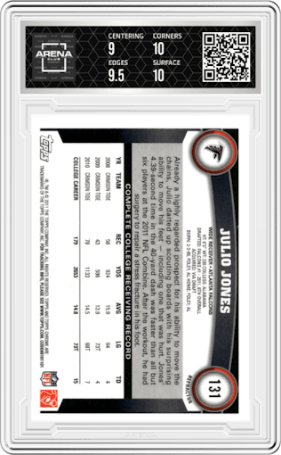 Julio Jones from the 2011 Topps Chrome Football set featuring a Xfractor parallel graded by Arena Club and given an overall grade of 9.5.