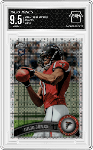 Julio Jones from the 2011 Topps Chrome Football set featuring a Xfractor parallel graded by Arena Club and given an overall grade of 9.5.