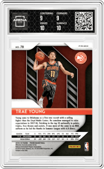 Trae Young from the 2018-19 Panini Prizm set featuring a Red White Blue Prizm parallel graded by Arena Club and given an overall grade of 9.5.