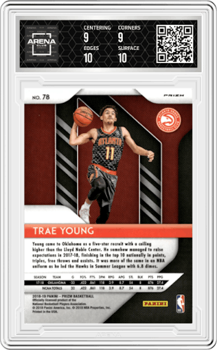 Trae Young from the 2018-19 Panini Prizm set featuring a Red White Blue Prizm parallel graded by Arena Club and given an overall grade of 9.5.