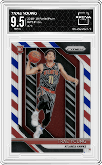 Trae Young from the 2018-19 Panini Prizm set featuring a Red White Blue Prizm parallel graded by Arena Club and given an overall grade of 9.5.