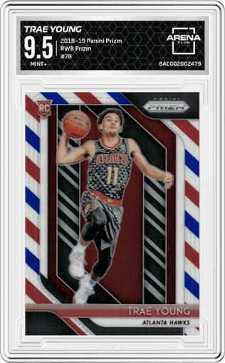 Trae Young from the 2018-19 Panini Prizm set featuring a Red White Blue Prizm parallel graded by Arena Club and given an overall grade of 9.5.