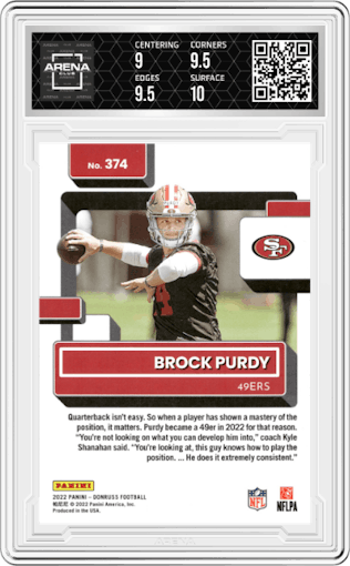 Brock Purdy from the 2022 Panini Donruss set featuring a Press Proof Blue parallel graded by Arena Club and given an overall grade of 9.5.