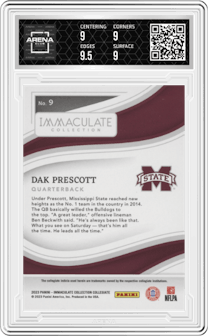 Dak Prescott from the 2023 Panini Immaculate Collection Collegiate set featuring a Ruby parallel graded by Arena Club and given an overall grade of 9.