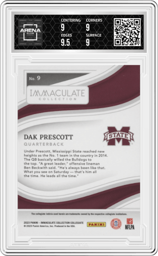 Dak Prescott from the 2023 Panini Immaculate Collection Collegiate set featuring a Ruby parallel graded by Arena Club and given an overall grade of 9.