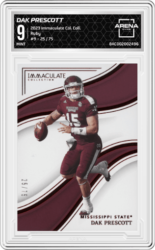 Dak Prescott from the 2023 Panini Immaculate Collection Collegiate set featuring a Ruby parallel graded by Arena Club and given an overall grade of 9.