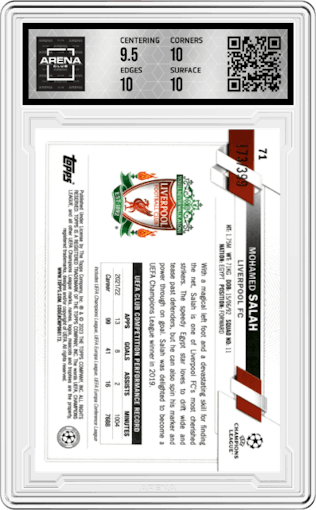 Mohamed Salah from the 2022-23 Topps Chrome UEFA Club Competitions set featuring a Neon Green Shimmer Refractor parallel graded by Arena Club and given an overall grade of 10.
