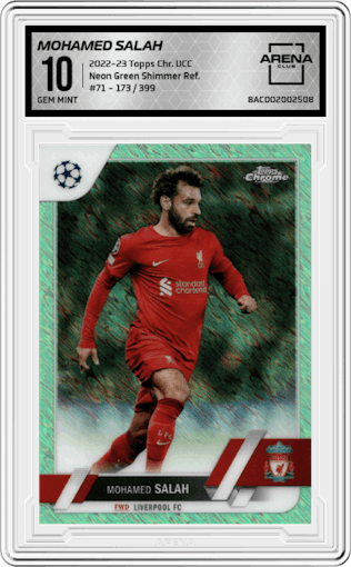 Mohamed Salah from the 2022-23 Topps Chrome UEFA Club Competitions set featuring a Neon Green Shimmer Refractor parallel graded by Arena Club and given an overall grade of 10.