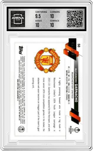 Alejandro Garnacho from the 2022-23 Topps Chrome UEFA Club Competitions set featuring a Neon Green Shimmer Refractor parallel graded by Arena Club and given an overall grade of 10.